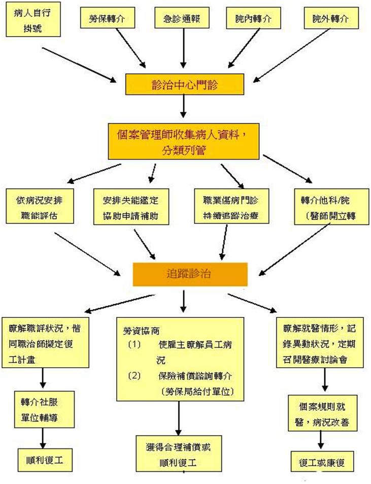 個案管理制度乃針對每一位受傷勞工之情形分別由個案管理員加以醫療管理，並且經常與勞工、雇主、勞保局、職業訓練機構等溝通聯繫，透過個案管理，讓每位個案都能得到：診斷-保險-復健-工作能力評估與職能治療-復工-預防，完整的專業服務。