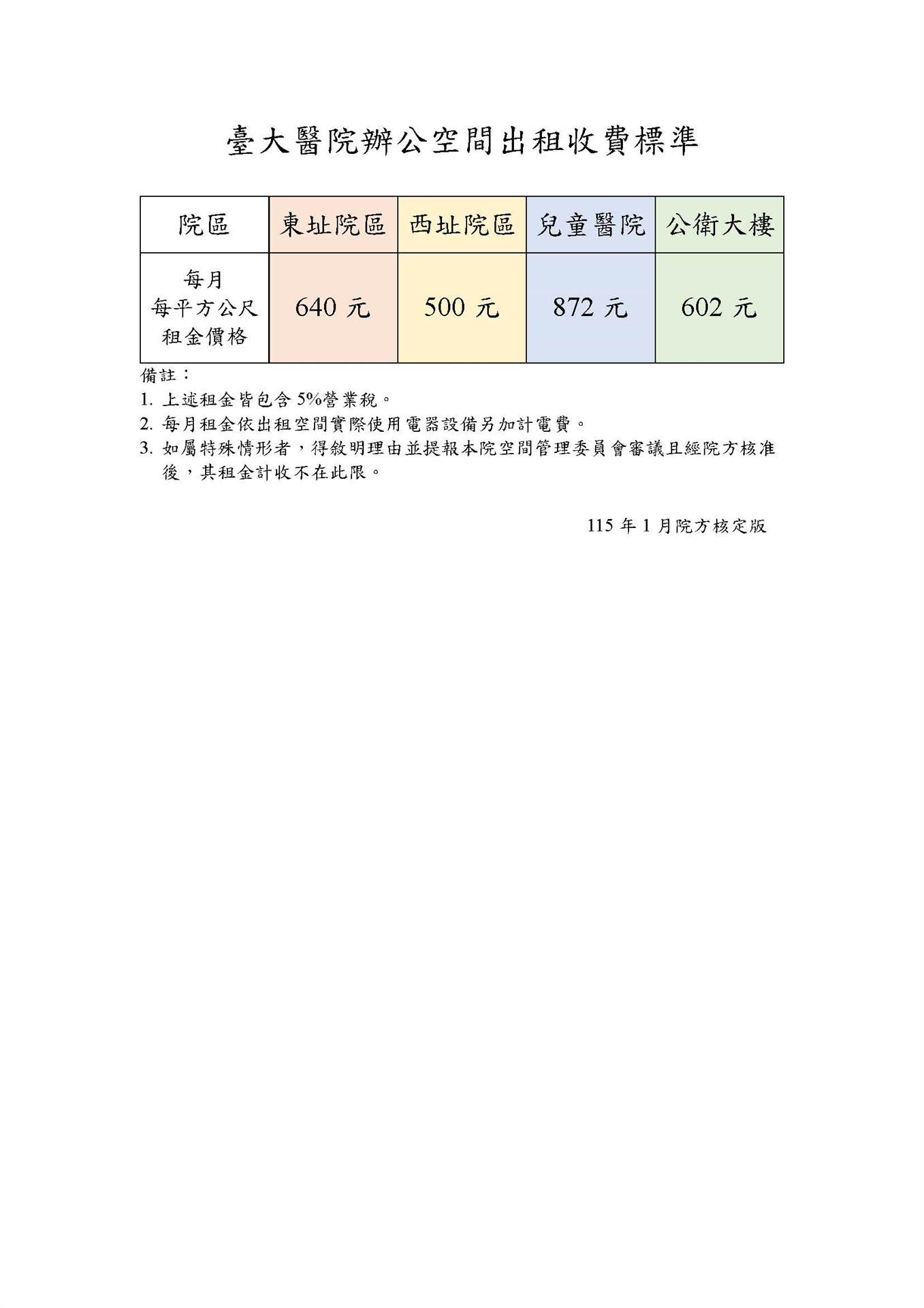空間出租收費標準_公告