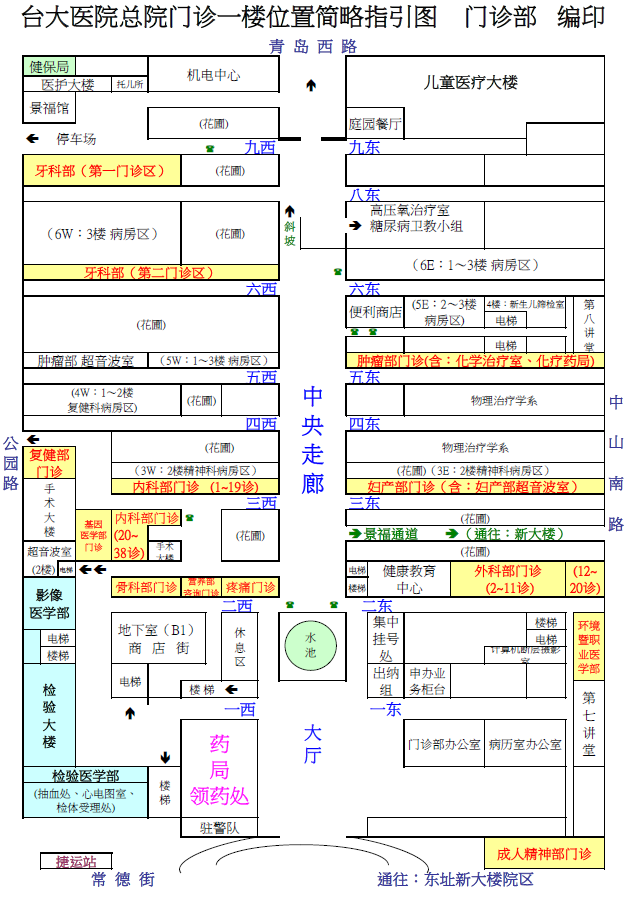 台大医院总院门诊一楼位置简略指引图