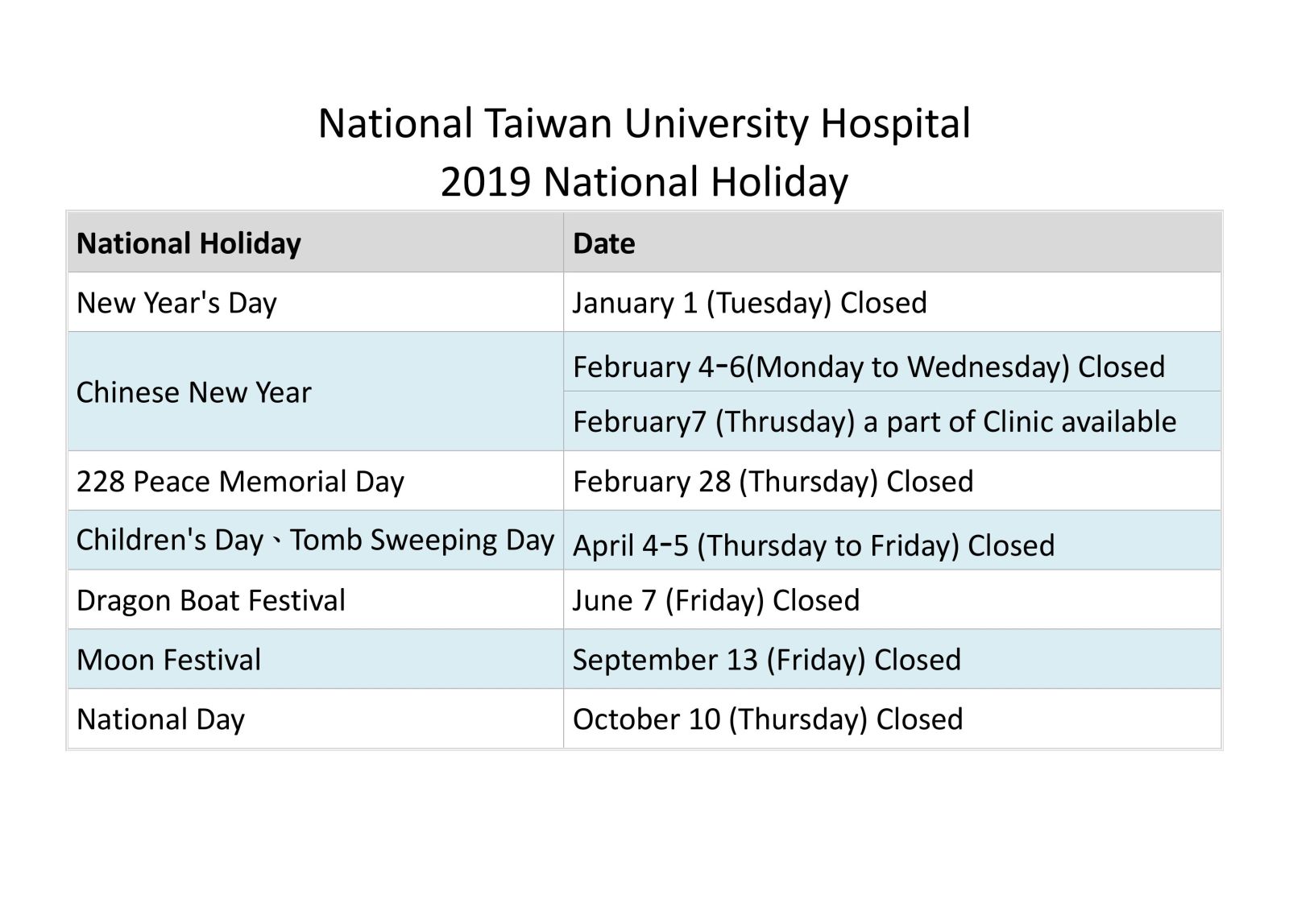 NTUH 2019 National Holida