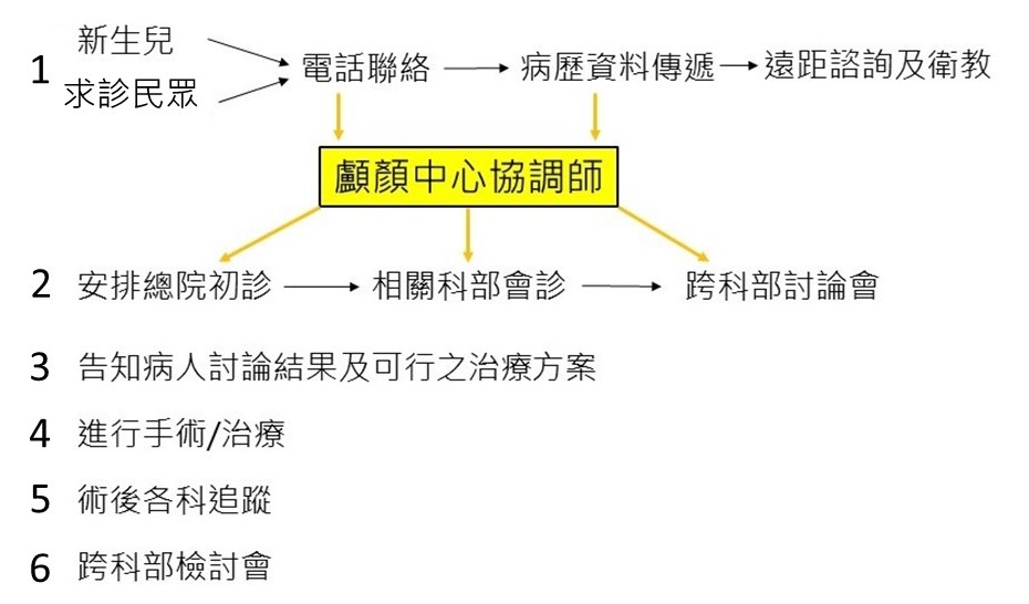 嬰兒家屬或門診病人經電話聯絡協調師，由協調師安排到總院初診並照會各科部會診。諮詢後，進行跨科部討論會議，告知病人討論結果和治療方案，以進行手術或相關治療，術後各科部會持續追蹤，並開跨科部檢討會議。若不便親赴醫院，中心也提供遠距諮詢及衛教。