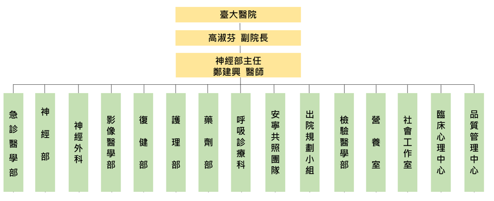 台大醫院腦中風中心召集腦中風照護相關的診斷、治療與預防的專業人員與經營管理相關人員所組成，成員包括急診醫學部、神經部、神經外科、影像醫學部、復健部、護理部、藥劑部、呼吸診療科、安寧共照團隊、出院規劃小組、檢驗醫學部、營養室、社工室、臨床心理中心及品質管理中心等單位代表，強調以跨領域團隊合作，提供最完善且高品質的腦中風疾病照護。